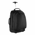 The Bagbase BG025 is displayed upright, featuring a black rolling design with a telescopic handle and two main compartments.