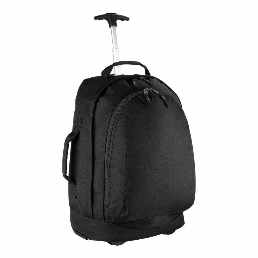 The Bagbase BG025 is displayed upright, featuring a black rolling design with a telescopic handle and two main compartments.