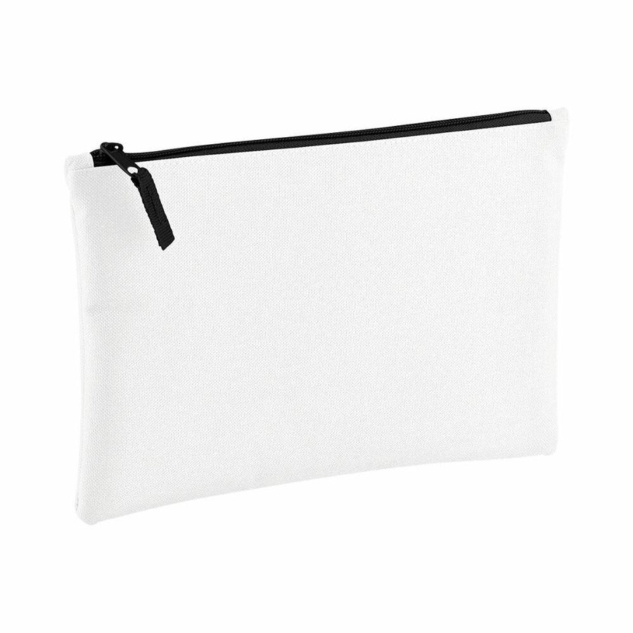 Displayed against a white background, the BG038 by Bagbase is a white zip pouch featuring a black zipper, appearing plain without any visible designs or logos.