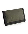 A Bagbase BG040 wallet featuring green fabric with black trim rests on a white surface. The wallet seems to be crafted from durable, textured material, making it suitable for outdoor use.