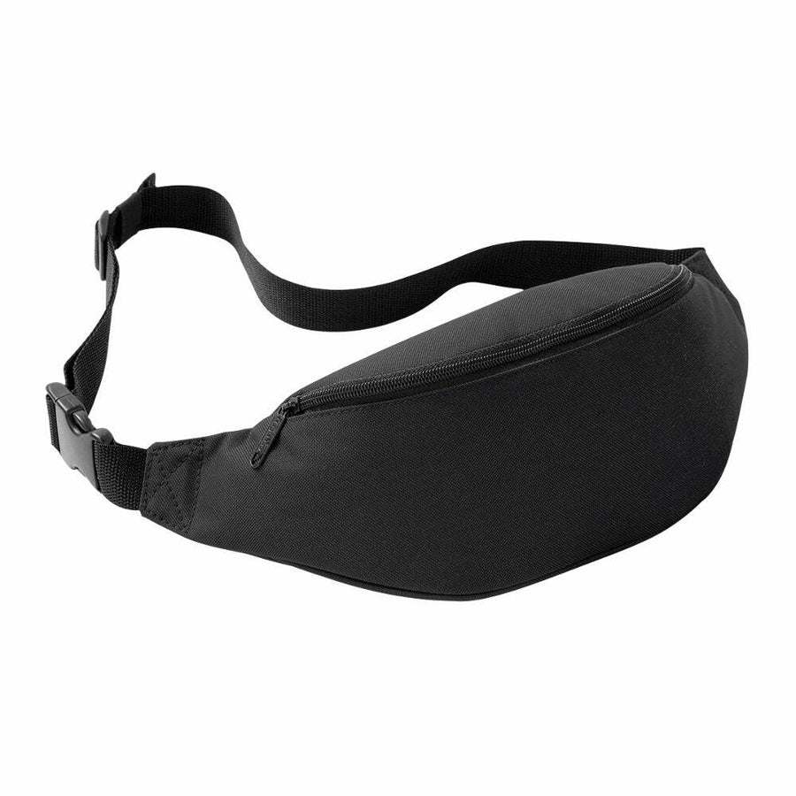 The Bagbase BG042 is displayed against a white background, featuring a black design with an adjustable strap and a zippered main compartment.