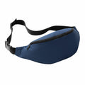 Experience the BG042 by Bagbase, a stylish blue fanny pack featuring a black zipper and adjustable strap, elegantly displayed against a white background.