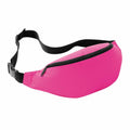 A Bagbase BG042 fanny pack in pink, featuring a black adjustable strap and a closed zipper on the empty bag.