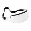 Product BG042, a white fanny pack from Bagbase, features a black zipper and an adjustable black strap with a plastic buckle. The pack is displayed empty and laid flat against a white background.