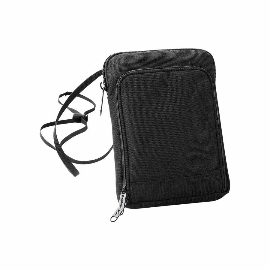 Bagbase's BG047 is a black crossbody bag, featuring a front pocket and a zipper closure.