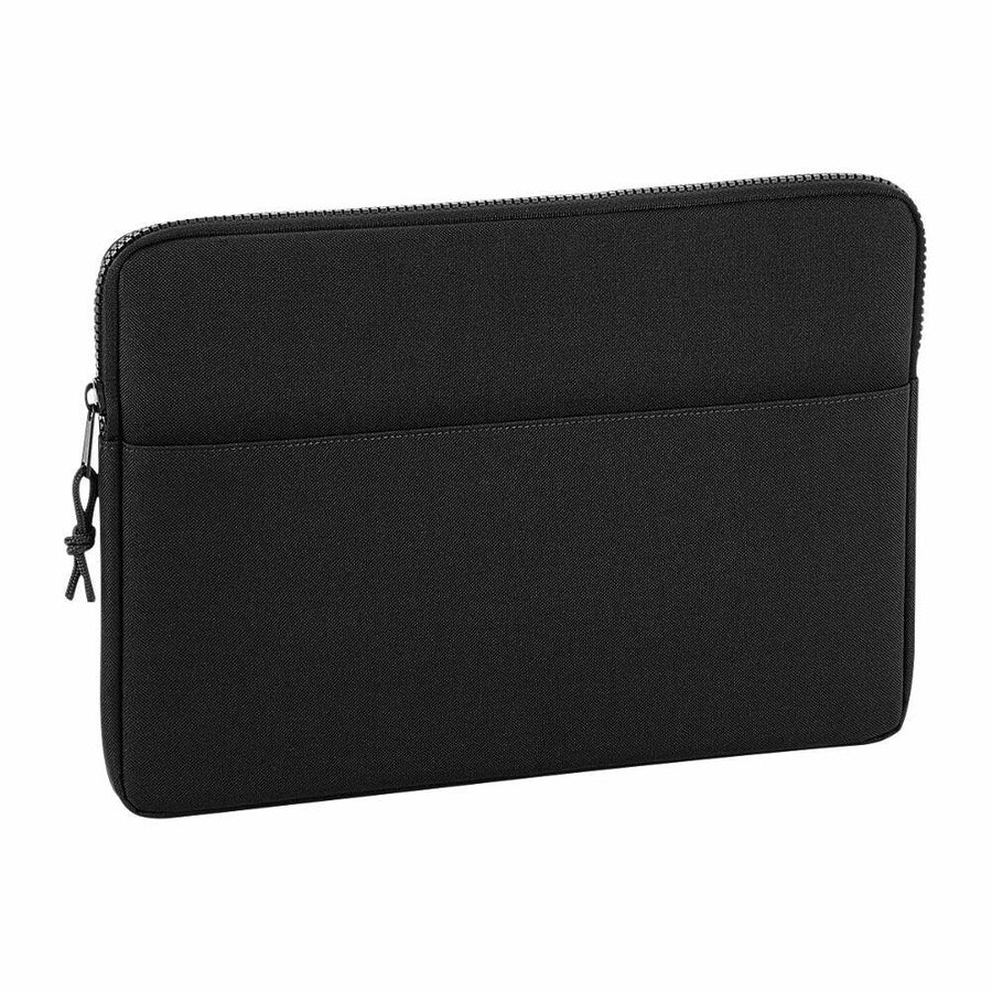 The Bagbase laptop sleeve, model BG067, features a black color with a zipper closure and a front pocket.