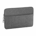 The Bagbase BG068 is a gray fabric laptop sleeve featuring a zipper closure and an outer pocket.