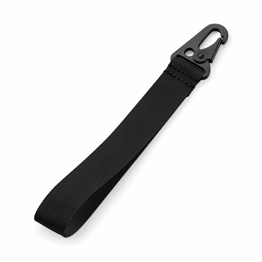 Introducing the Bagbase BG100: a sleek black nylon strap featuring a durable metal carabiner clip on one end.