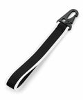 Introducing the BG100 by Bagbase: a sleek black and white fabric strap featuring a secure black plastic hook clasp at one end.