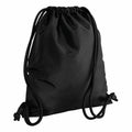 A Bagbase BG110 drawstring backpack in black, featuring two looped straps.