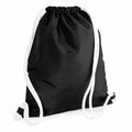 Introducing the BG110 by Bagbase: A sleek black drawstring bag featuring white strings. This minimalist design highlights a smooth fabric exterior and a cinched top closure, perfect for carrying over your shoulders with ease.