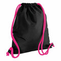 Introducing the Bagbase BG110: a stylish black drawstring bag featuring vibrant pink strings with knots at the ends.