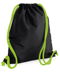 A Bagbase BG110 drawstring backpack in black, featuring vibrant green straps and closure, displayed from the front against a simple background.