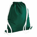 A Bagbase BG110, featuring a green drawstring backpack with white cords, displayed from the front. The bag boasts a simple, solid color design with a minimalist aesthetic.