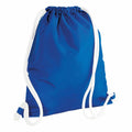 The Bagbase BG110 is depicted as a blue drawstring backpack with white strings, appearing empty and positioned at a slight angle to highlight its side zippered pocket.