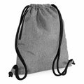 The Bagbase BG110 is shown as a gray drawstring backpack featuring a textured fabric and black drawstrings. It boasts a minimalist design with a small zipper pocket located on the side, and it is displayed empty and in an upright position.