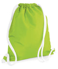 The Bagbase BG110 is a vibrant green drawstring backpack featuring white strings and a convenient side zipper pocket, displayed against a white background.