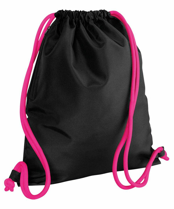 A black Bagbase BG110 backpack with bright pink drawstrings and corners.