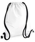 The Bagbase BG110 is displayed, featuring a plain white design with black drawstrings and a convenient side zipper pocket.