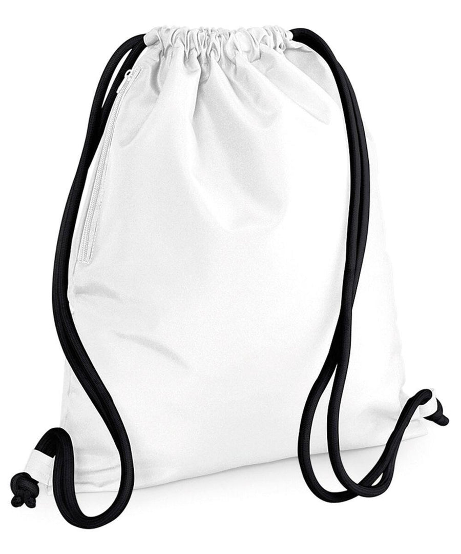 The Bagbase BG110 is displayed, featuring a plain white design with black drawstrings and a convenient side zipper pocket.