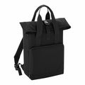 Introducing the Bagbase BG118: a sleek black backpack featuring adjustable shoulder straps, convenient top handles, and a practical front zippered pocket.