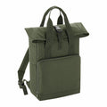 The Bagbase BG118 is a green backpack featuring a roll-top closure with a buckle, dual handles, and adjustable shoulder straps. It includes a spacious front zippered pocket and is crafted from durable fabric.