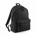Bagbase's BG125 is a plain black backpack featuring a main compartment, a front pocket, and adjustable shoulder straps.