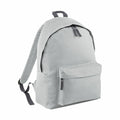 Introducing the BG125 by Bagbase: a sleek, minimalist backpack in light gray. It features adjustable straps, a front zippered pocket, and a top zipper closure for added convenience.