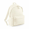 A cream-colored backpack from Bagbase, model BG125, features adjustable straps, a front pocket, and double zippers. The bag is crafted from canvas with a simple and functional design, set against a plain white background.