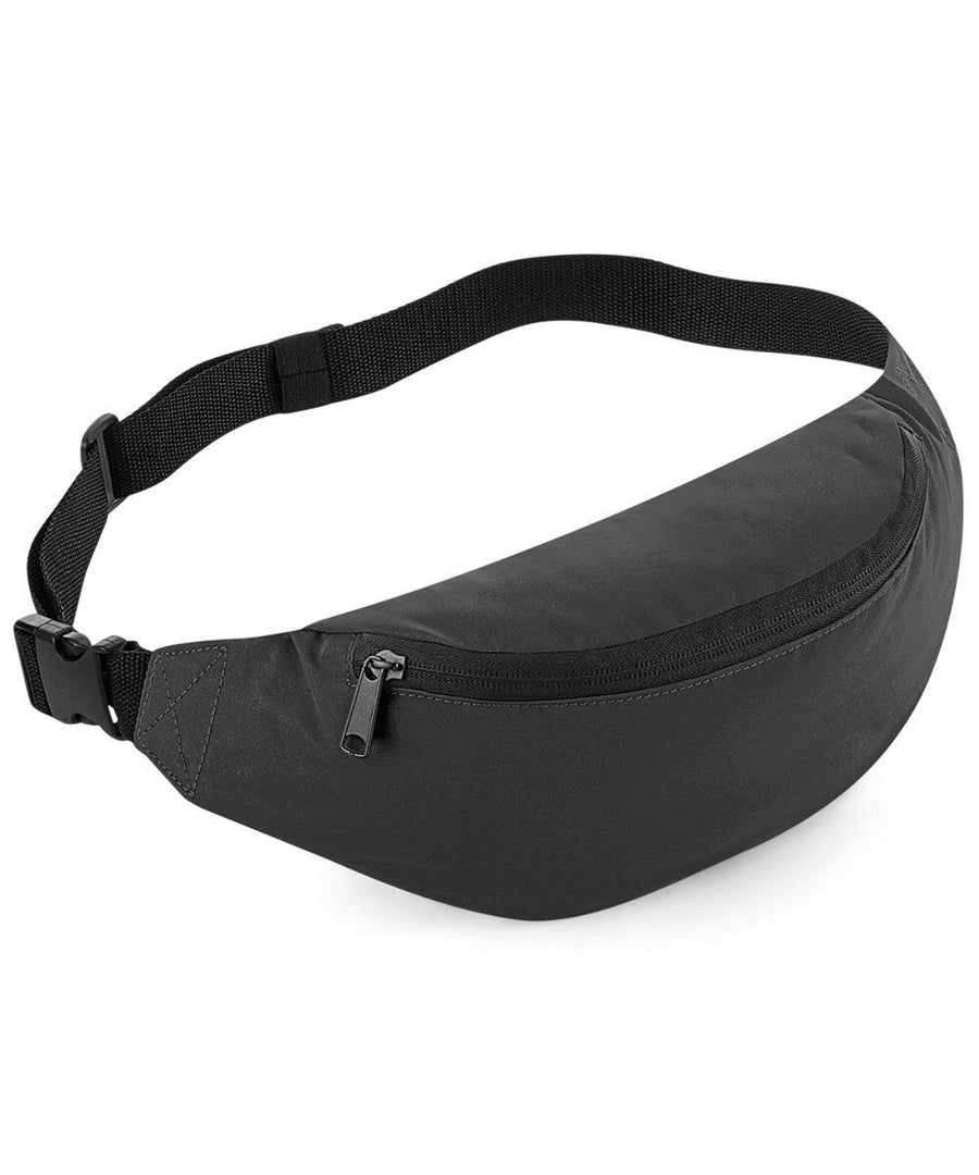 Introducing the Bagbase BG134, a sleek fanny pack in black featuring a black zipper and adjustable strap.