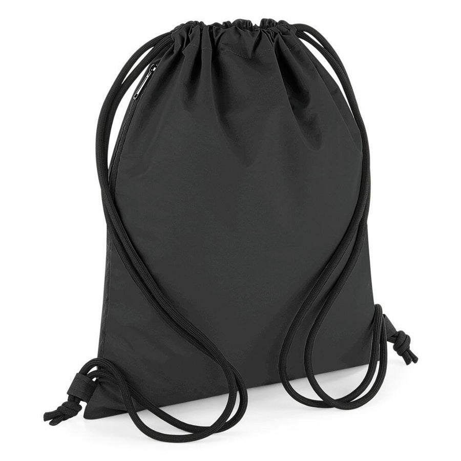 The image features a Bagbase BG137, an all-black drawstring bag with two cords on each side, set against a white backdrop.