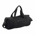 The Bagbase BG140 is a black duffel bag featuring a front zipper pocket, two handles, and an adjustable shoulder strap.