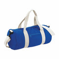 Bagbase presents the BG140, a blue cylindrical duffel bag adorned with white straps and handles. It features a side zipper pocket and includes a detachable shoulder strap for added convenience.