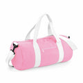 The Bagbase BG140 is a simple and sporty pink duffle bag, equipped with white handles and a shoulder strap. It features a zippered top along with a small front zippered pocket.