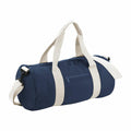 Introducing the BG140 by Bagbase, a blue cylindrical duffel bag featuring white handles and a convenient shoulder strap. This bag also includes a front zipper pocket for easy access.