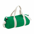 Introducing the Bagbase BG140: a cylindrical duffel bag in green, equipped with white straps and handles and featuring a zippered pocket on the side for added convenience.