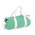 The mint green Bagbase BG140 duffel bag features white handles and straps, a small front zippered pocket, and a main zippered compartment. This cylindrical-shaped bag is crafted from fabric.