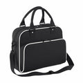 Bagbase's BG145 is a black laptop bag featuring a main compartment, a front zippered pocket, dual handles, and an adjustable shoulder strap.