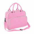The Bagbase BG145 is a pink laptop bag featuring dual zippered compartments and a detachable shoulder strap.