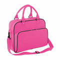 Introducing the Bagbase BG145: a vibrant pink laptop bag designed with two handles and a removable shoulder strap. It boasts a spacious main compartment and a front zippered pocket, both accentuated by sleek black piping.