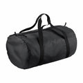 A black cylindrical BG150 duffel bag by Bagbase, featuring two black handles and a zipper closure.