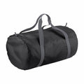 A Bagbase BG150 black cylindrical duffel bag with gray handles and a zipper closure.