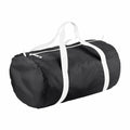 The Bagbase BG150, a black duffel bag featuring white handles and a white zipper, is displayed against a plain background.