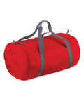 The BG150 by Bagbase is a red cylindrical duffel bag with gray straps and a zipper closure at the top, displayed against a plain white background.