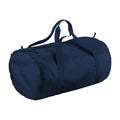 Introducing the BG150 from Bagbase: a sleek navy blue cylindrical duffel bag, equipped with a top zipper and dual carrying handles.