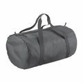 The BG150 by Bagbase is a gray duffel bag with a cylindrical shape, featuring black handles and a top zipper closure.