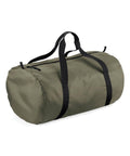 A Bagbase BG150 green duffel bag featuring black handles and a zipper on top.