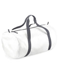 The Bagbase BG150 is a white duffel bag featuring black straps and a zipper, displayed against a white background.