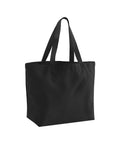 A "Bags" plain black tote with two sturdy handles is displayed against a white background. The tote has a boxy shape and fabric construction.