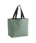 A large light green "Bags" tote with two black handles stands upright on a white background, featuring a simple and unadorned design.
